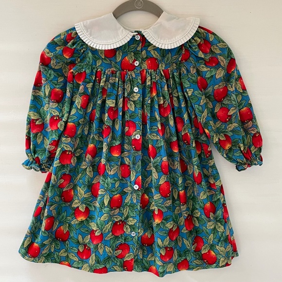 Vintage Corduroy Dress Apples Long Puff Sleeve Peter Pan Collar size 4 Holiday - Picture 2 of 13